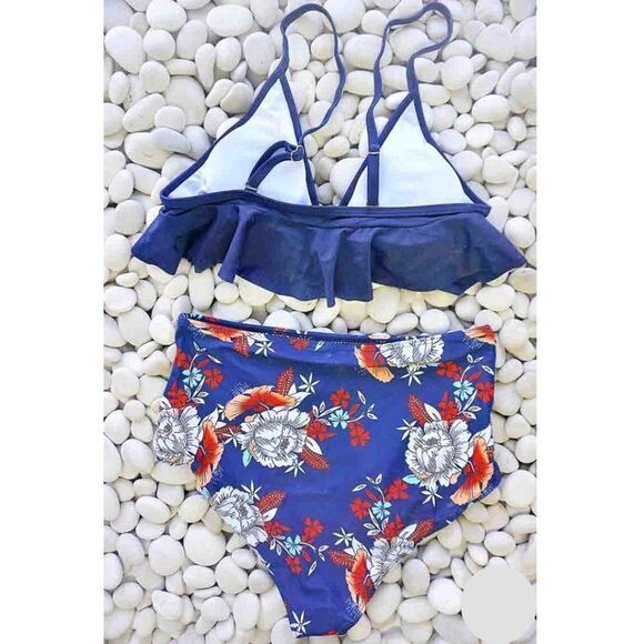 NWT: High Waist Navy & Floral Ruffle Two Piece Bikini - Picture 2 of 11